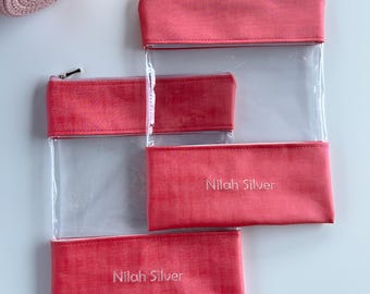 Embroidered Clear Pouch, Waterproof Bag, Pink Daycare Extra Clothes Organizer